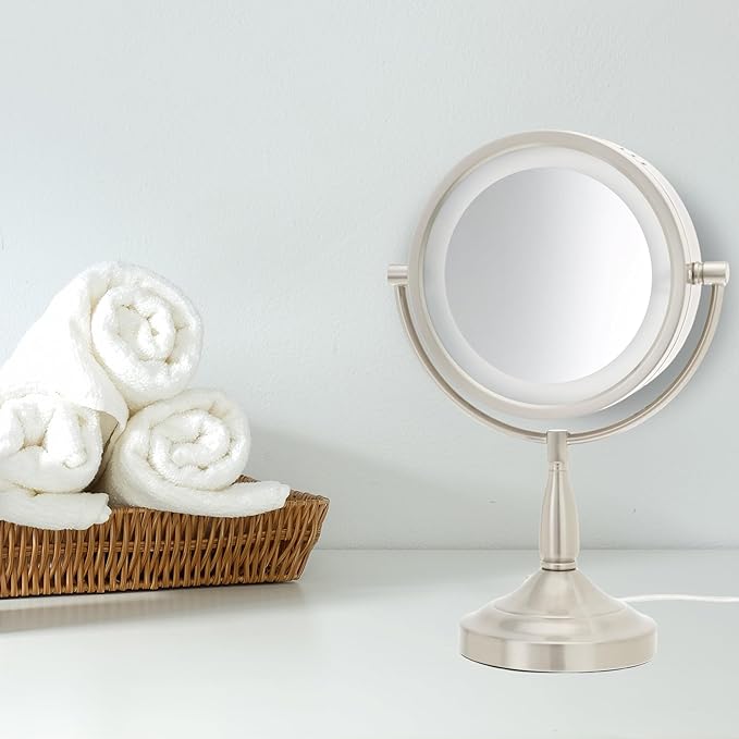 JERDON LED Lighted Tabletop Vanity Makeup Mirror – 8.5” Diameter with 7X-1X Magnification – Nickel Finish – Power Cord and Plug – Model LT856N