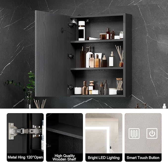 Black Medicine Cabinet with Led Lights,Lighted Medicine Cabinet with Mirror,Mirror Cabinet with 3 Storage Shelf Wall Mounted, Medicine Cabinet with Defogger,24x30Inch