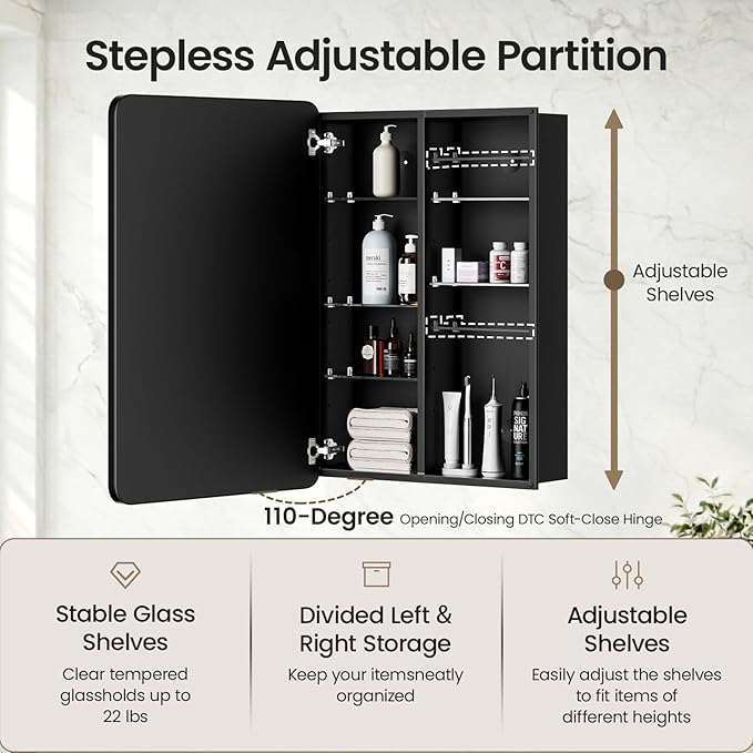 20x26 Inch Bathroom Medicine Cabinet with Mirror, Pre-Assembled Recessed or Surface Mount Wall Organizer, 6 Adjustable & Removable Tempered Glass Shelves, Soft Close DTC, Matte Black