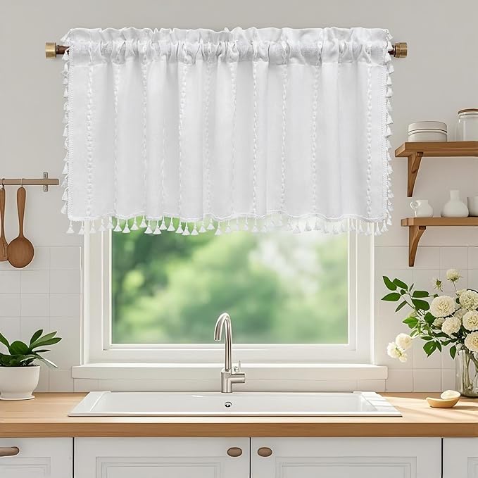 White Boho Farmhouse Valance Curtain with Tassels, 52 x 18 inch Linen Textured Window Curtain for Living Room, Striped Light Filtering Valance for Kitchen Bedroom Bathroom Rod Pocket