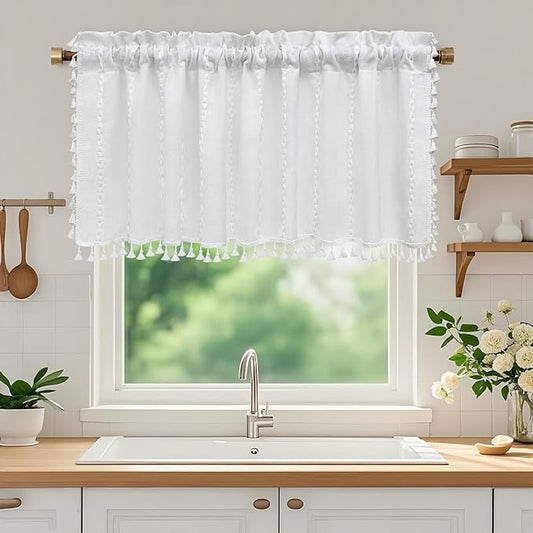 White Boho Farmhouse Valance Curtain with Tassels, 52 x 18 inch Linen Textured Window Curtain for Living Room, Striped Light Filtering Valance for Kitchen Bedroom Bathroom Rod Pocket