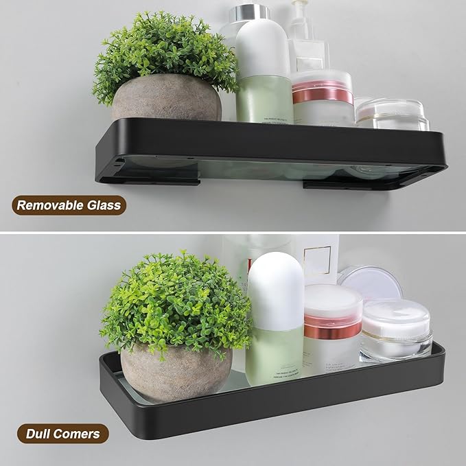 Z metnal Small Glass Bathroom Shelves, Matte Black Floating Shelf, Mini Wall Shelf for Bathroom Organizer, Wall Mounted (Clear Glass, 20 inch/50cm),1 pcs