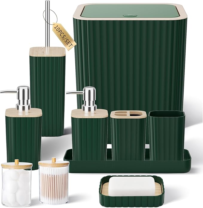 XLHOMO Bathroom Set - Elegant Green Bathroom Set, 10PC Green Bathroom Accessories Set, Bathroom Sets with Toilet Brush, Bathroom Trash Can