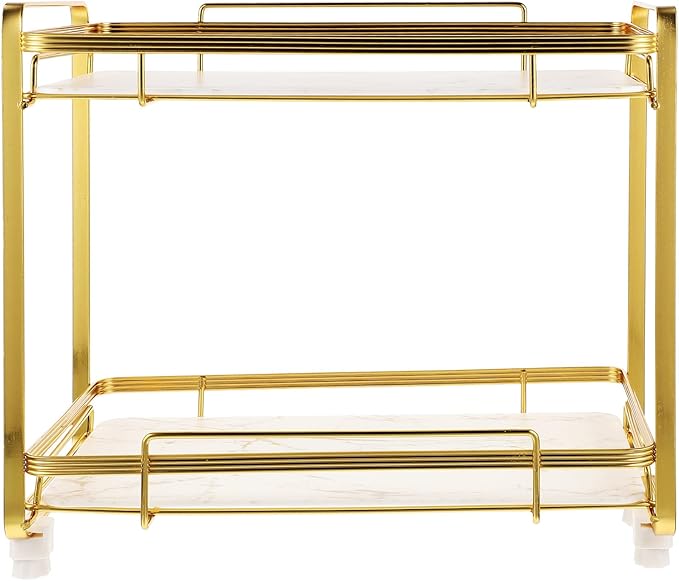 Toyvian 2-Tier Bathroom Counter Organizer Shelf, Marble Texture Alloy Frame with Anti-Slip Feet, Cosmetic Rack and Corner Storage Shelf for Bathroom and Vanity Storage