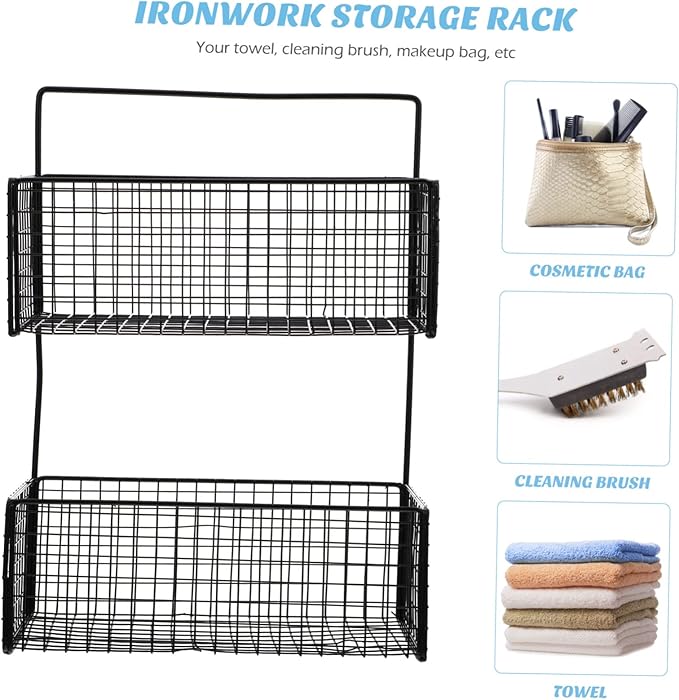 SOLUSTRE Hole- Storage Rack Iron Bathroom Shelf Wall-Mounted Dual Layer Holder Toiletries Storage