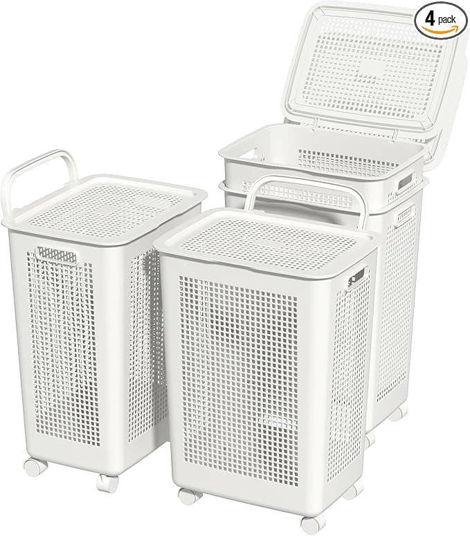 65 L Large Laundry Basket with Lids, Plastic Laundry Hamper with Wheels, 4 Packs