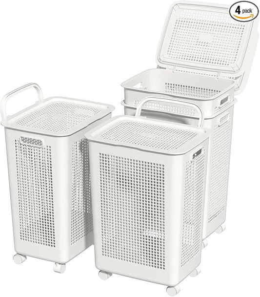 65 L Large Laundry Basket with Lids, Plastic Laundry Hamper with Wheels, 4 Packs