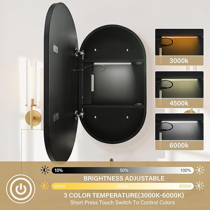 Oval Medicine Cabinet with Light,LED Mirror Cabinet,USB Shaver Socket,Internal Light,Steel with Powder Coating,Soft Closing Hinge,20×32inch