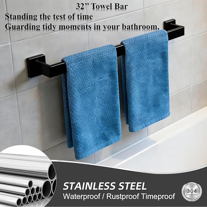 2 Packs 32 Inch Bathroom Towel Bar SUS304 Stainless Steel Matte Black Towel Holder Wall Mounted Heavy Duty Towel Rack Bathroom Towel Rod Modern Square Base Design(2, Matte Black, 32 Inch)