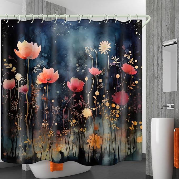Bright Fabric Shower Curtains, Vintage Floral Theme Design Art Shower Curtains, Bathroom Decor Set, 12 Shower Curtain Hooks (72 "Wx72 L) Inch Waterproof Shower Curtain.
