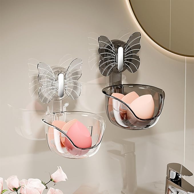 Self Adhesive Shower Shelves, Makeup Sponge Holder, Clear Shower Shelves Bottom Equipped with Drainage Holes and Powerful Butterfly Pressure Suction Cups, Adhesive Bathroom Shelves (transparent)