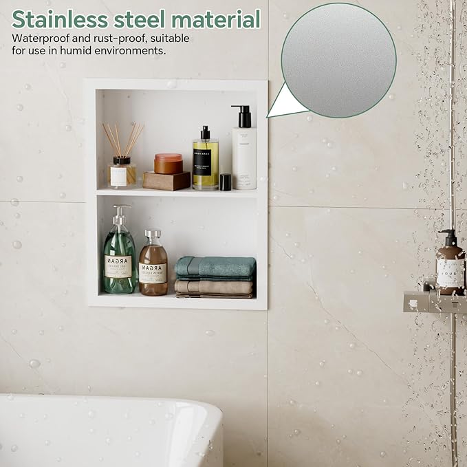 Stainless Steel Recessed Medicine Cabinet 14''*18'', Rust-Proof Metal Wall Niche, in Wall Shower Niche Shelf Insert Replacement, Recessed Medicine Cabinets for Drywall, Bathroom Storage, White