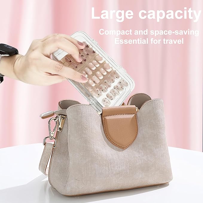 Compact Press on Nail Storage Box,Portable Tri-Fold Press on Nails Organizer Case with 60 Pcs Adhesive Double Sided Tape,Acrylic Nail Storage Box for All Size Fake Nails Home Travel Use