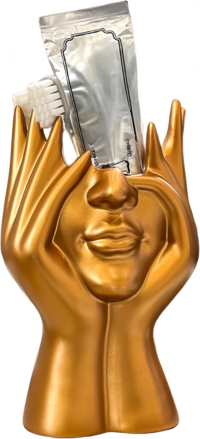 Make Up Brush Holder Organizer Face-Shaped Pen Holder Vase Organizer Abstract Art Face Hand Design Travel Cosmetic Holder | Makeup Organizer For Brushes (golden)
