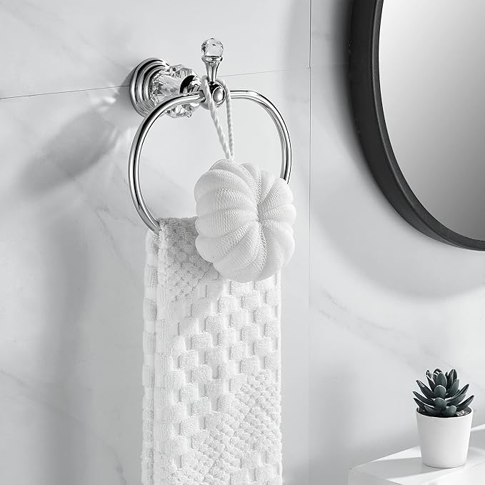 WOLIBEER Chrome Towel Ring,Crystal Hand Towel Holder,Bath Oval Hand Towel Rack Hanger Wall Mounted Bling Bathroom Accessories