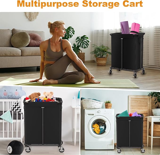 Hodonas Laundry Basket with Wheels, Rolling Laundry Hamper, 46 Gallons (170L), Removable and Machine Washable Liner, Steel Frame, Large Laundry Cart for Laundry Room, Bedroom, Bathroom, Dorm - Black