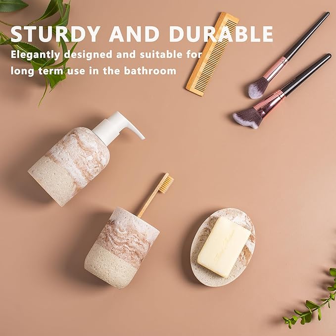 Bathroom Accessories Set, 3 Pcs Decorative Bathroom Essentials with Lotion Soap Dispenser, Toothbrush Holder, Soap Dish, Bathroom Sink Set for Home Bathroom Decor, Housewarming Gift Bathroom Accessory
