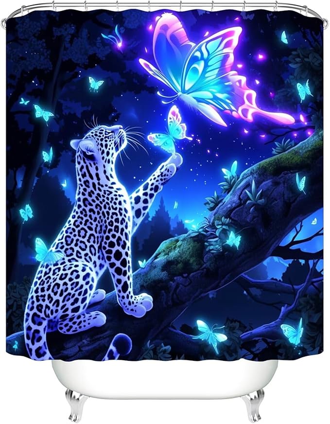 jieprom 4 PCS Leopard and Butterfly Shower Curtain Set with Rugs - Blue Dream Bathroom Decor - Luxury Waterproof Fabric Curtain, Non-Slip Bath Mat, U-Shaped Rug & Toilet Lid Cover