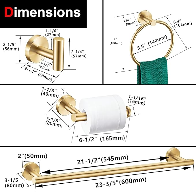 5 Pieces Brushed Gold Bathroom Hardware Accessories Set, SUS304 Stainless Steel 24 Inch Bath Towel Bar Set, Round Bathroom Towel Holder Set, Towel Racks for Bathroom Wall Mounted