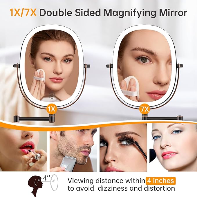 Funtouch 9" Wall Mounted Lighted Makeup Mirror, Rechargeable Double Sided 1X/7X Magnifying Mirrors with Light, 3 Color Lights, Touch Dimmable, Extended Arm 360 Rotation Oval Shaving Light up Mirror