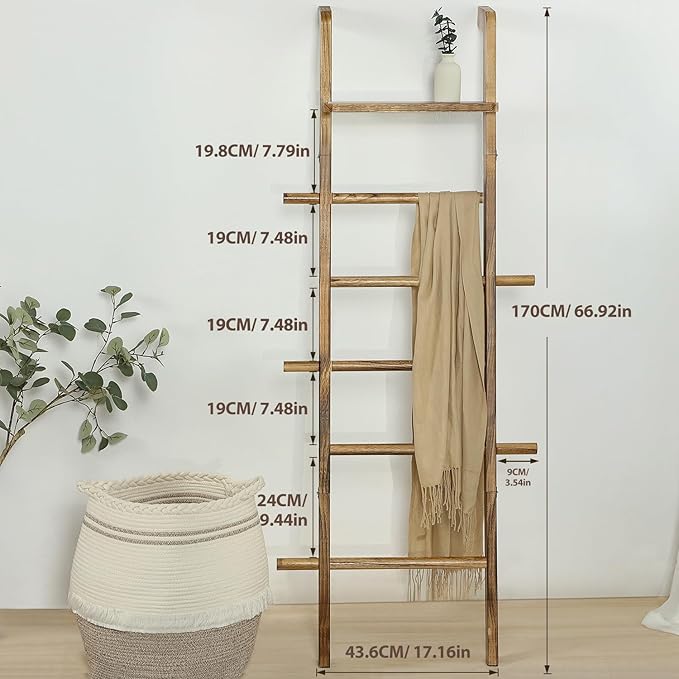 Taozun 67-Inch Wooden Blanket Ladder with Shelf for Living Room - 5-Tier Farmhouse Towels and Quilt Rack Decor - Leaning Wall Display Holder for Blankets and Throws
