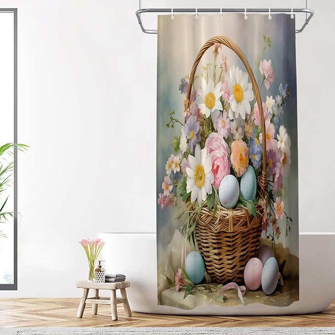 Shrahala Basket Flowers Eggs Decorative Shower Curtain, A Basket Filled with Flowers and Eggs Bathroom Décor Polyester Fiber Waterproof with Plastic Rings for Shower Stall Bathtubs 72 X 36 in