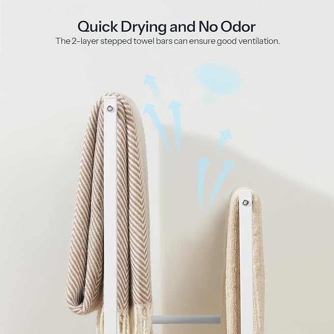 HOOBRO Free Standing Towel Rack for Bathroom, 2 Tier Blanket Rack, 16.5" L x 9.4" W x 31.5" H, Blanket Holder, Drying and Display Rack with Shelf, White and Grey WG02LB01