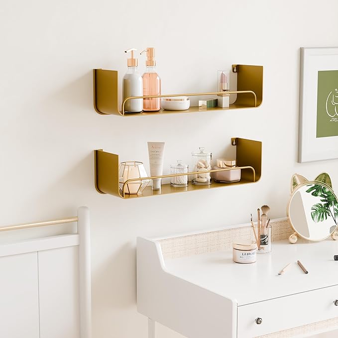 2 Pack Gold Shower Caddy, Metal Floating Gold Bathroom Shelf with Guardrail, U-Shaped Wall Mounted Shelves for Kitchen, Living Room, Bedroom, Home Storage and Organizer