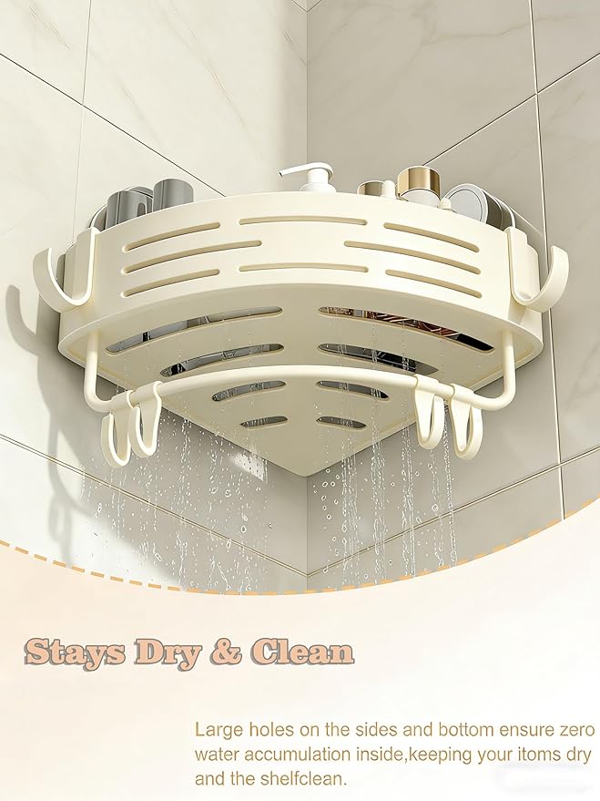 LOOCH 3 Pack Plastic Corner Shower Caddy with Twist-Lock Suction Cups & a Pre-Applied Adhesive Layer, The No-Drill Shower Organizer with Towel Bar & Drain Holes for Bathroom Storage & Decor(White)