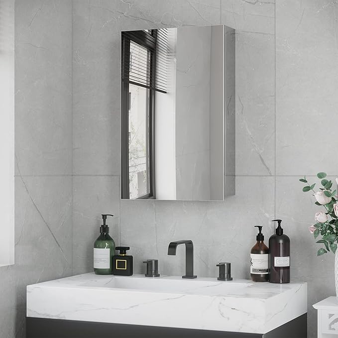 kleankin Wall-Mounted Medicine Cabinet with Mirror, Bathroom Mirror Cabinet Wall Mounted with Hinged Door, Storage Shelves for Living Room and Laundry Room, 15" x 24", Silver