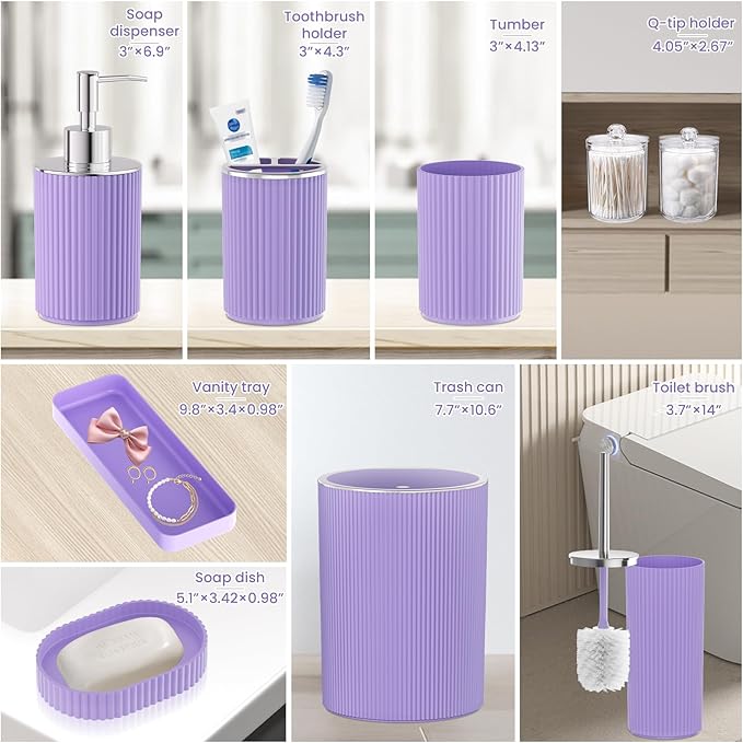 Purple Bathroom Accessories Set, 10PC Bathroom Set, Bath Accessory with Pop Up Trash Can, Soap Dispenser, Toilet Brush, Toothbrush Set Qtip Holders & Tray