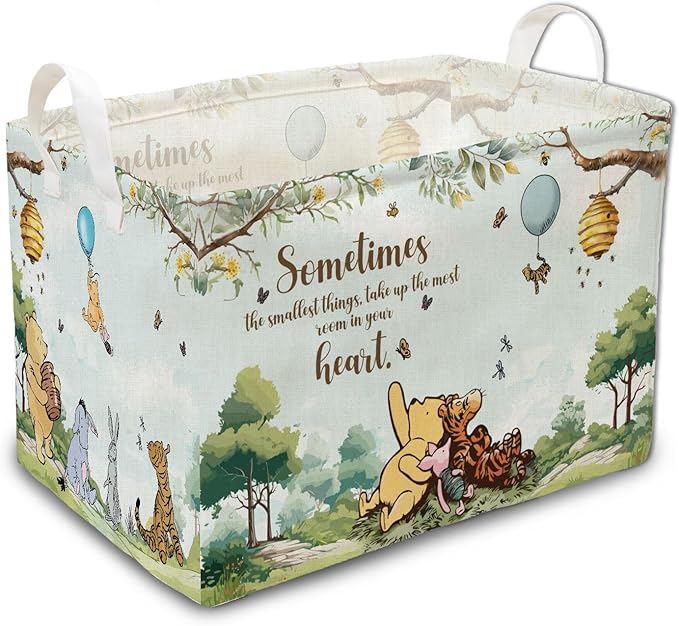 Blue Winnie Storage Basket with Handles, the Pooh Baby Stuff Storage Basket, Winnie Baby Nursery Hamper Decor, Foldable and Waterproof Canvas for Bathroom and Bedroom SetClothes,Toys Bin