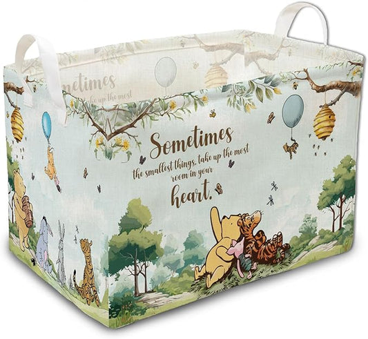 Blue Winnie Storage Basket with Handles, the Pooh Baby Stuff Storage Basket, Winnie Baby Nursery Hamper Decor, Foldable and Waterproof Canvas for Bathroom and Bedroom SetClothes,Toys Bin