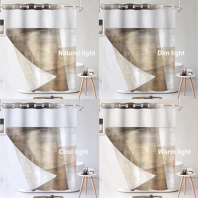 Shrahala Brown Abstract Art No Hooks Shower Curtain with Snap in Liner Set, Beige Painting Bathroom Décor Polyester Fiber Waterproof for Stall Bathtubs 71 X 86 in