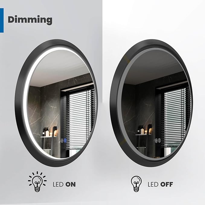 32 Inch Round LED Mirror for Bathroom, Black Metal Frame Lighted Vanity Mirror with 3 Color Modes, Touch Dimmer - Anti-Fog Wall Mounted Circle Mirror with Lights - Fab Glass and Mirror
