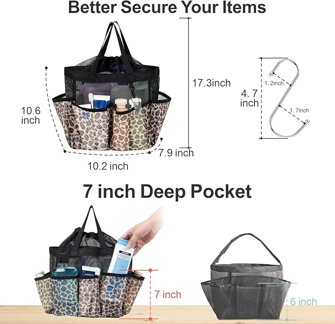 F-color Mesh Shower Caddy Portable with Drawstring - Large 8 Pockets Dorm Room Essentials for Guys Girls with S Hook, Shower Bag Basket Tote for College Camping Gym Travel Toiletry Bathroom, Leopard