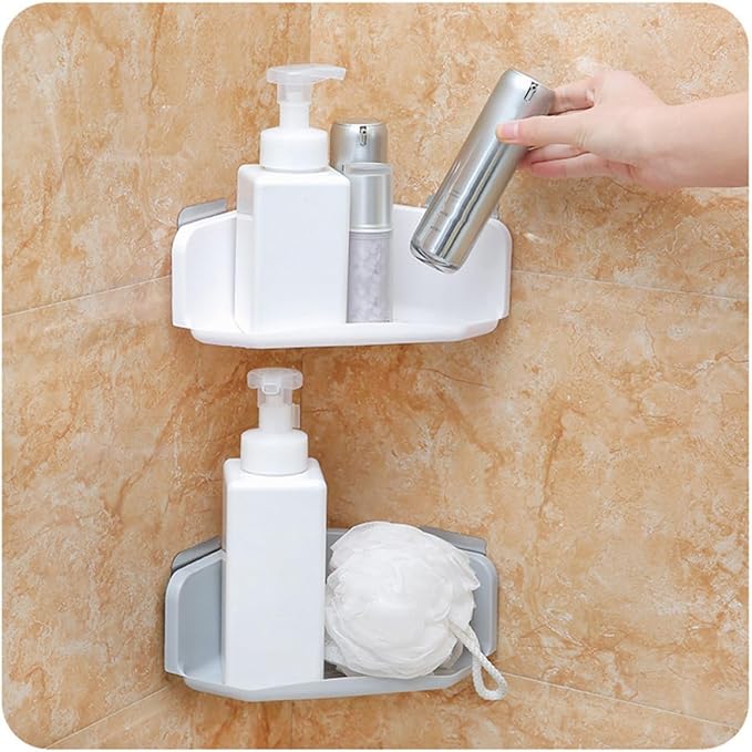 VILLCASE 2pcs No Punching Triangle Bathroom Storage Rack Waterproof Plastic Wall Mounted Corner Shelf for Kitchen and Bathroom Organization (Grey White)
