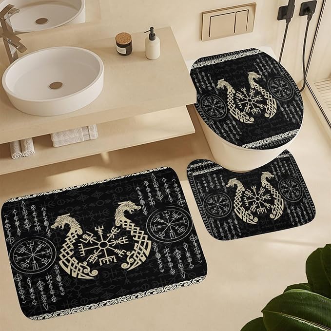 Brebasf Norse Vikings 4 Pcs Waterproof Shower Curtain Set Abstract Dragon Retro Mystical Symbol Compass with Waterproof Toilet Cover Shower Mat Rugs,72" W x 72" L