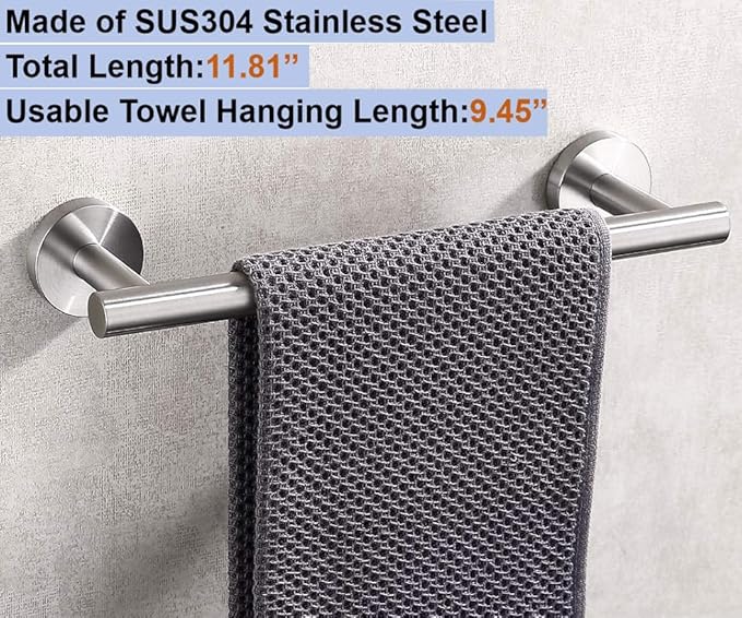 12 Inch Towel Bar 2 Pack for Bathroom 9/12/16/24/28/33 Inch Kitchen Hand Towel Holder Brushed Nickel Stainless Steel 304 RUSTPROOF Wall Mount Towel Rod 2 of Pack (2, Brushed Nickel, 12 Inch)