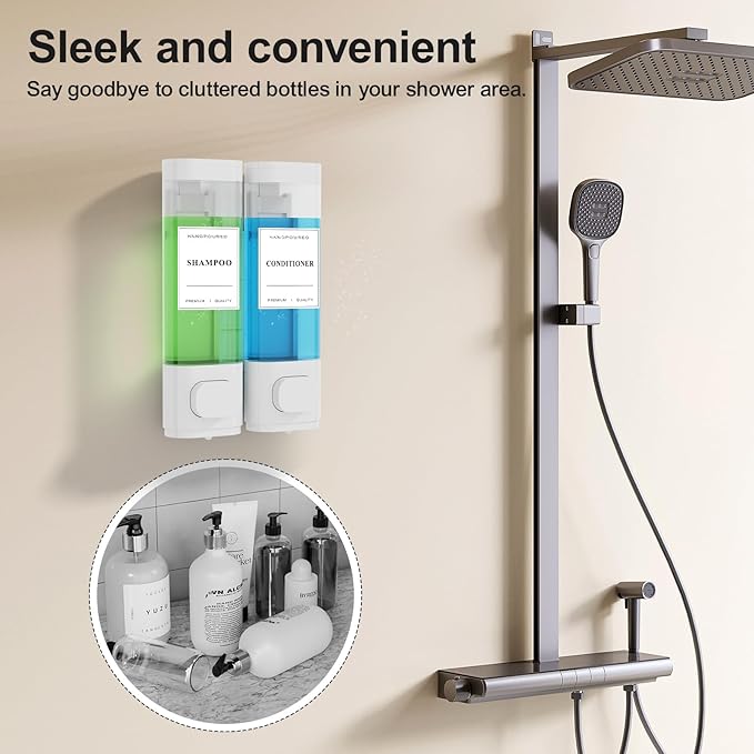 Shampoo and Conditioner Dispenser – Wall-Mounted Shower Soap Dispenser, No-Drill Installation, Lockable, 900 ml Capacity,for Bathroom & Hotel or Airbnb (White, 2-Pack)