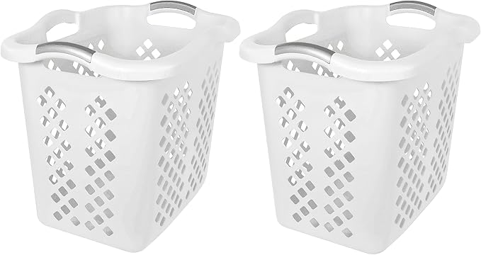 2-Pack 2 Bushel Plastic Laundry Basket with Silver Handles, Space-Saving Dirty Clothes Organizer for Home Apartment Dorm (White)