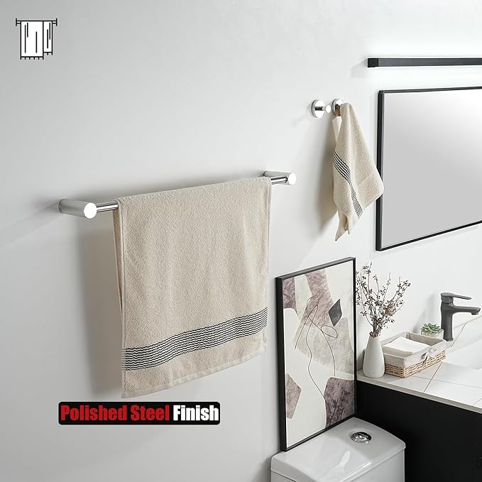 JQK Towel Bar Chrome, 26.5 Inch 304 Stainless Steel Thicken 0.8mm 2 Pieces Towel Rack Bathroom Wall Mount, Useable Length 24 Inch, TB610L24-CH