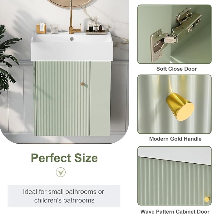 Virubi 21.6 in Floating Bathroom Vanity with Sink,Soft Closing Doors,Solid Wood Frame & MDF Modern Single Small Green Bathroom Vanity Cabinet with Open Shelf,Wall Mounted