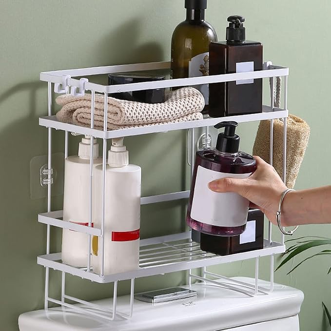 Fafeicy Toilet Shelf, Iron Material, Large Capacity Bathroom Organizer for Toilets, and NailFree Installation, Ideal for Bathroom Storage (Double Layer White)