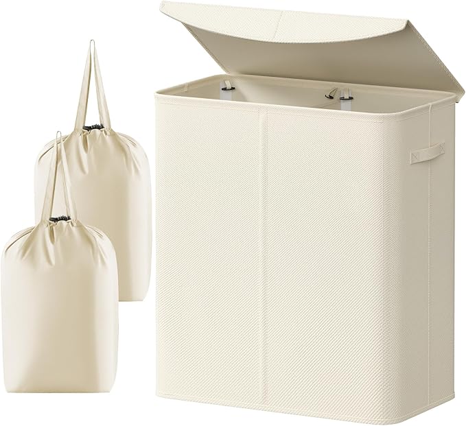 lifewit 137L Dual Laundry Hamper with Lid, 2 Compartments Tall Clothes Hamper with Easy Carry Bag and Handles, Foldable Laundry Bin for Dirty Clothes in Bathroom Bedroom, White