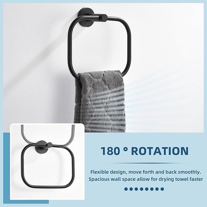 APLusee Matte Black Hand Towel Ring, Stainless Steel Towel Storage Holder, Wall Mount