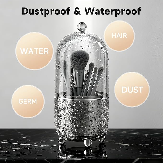 Makeup Brush Holder with Lid, Cosmetic Tools Organizer with Cover, 360?? Rotating Sliding Opening Dustproof Brushes Container for Vanity, Ideal Gift for Girlfriend Wife Friends (Gray)