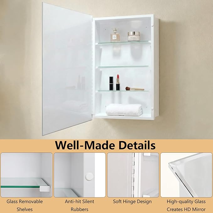 Bathroom Medicine Cabinet with Frameless Mirror, 16x26 inch Medicine Cabinet with Storage, Rectangular Beveled Frameless Mirror, Recess or Surface Mount Installation
