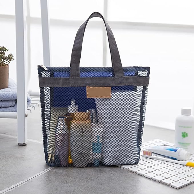 Mesh Shower Caddy Bag, Quick Dry Portable Tote Bag with Zipper and Inner Pocket, Lightweight Bath Organizer for College Dorm Bathroom, Swimming, Gym, Beach, Travel (Navy)
