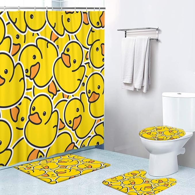 Ansouyi 4Pcs Bathroom Shower Curtain Sets with Non-Slip Rugs, Toilet Lid Cover and Bath Mat, Yellow Cartoon Duck Durable Waterproof Shower Curtain for Bathroom Set, 72x72 Inch